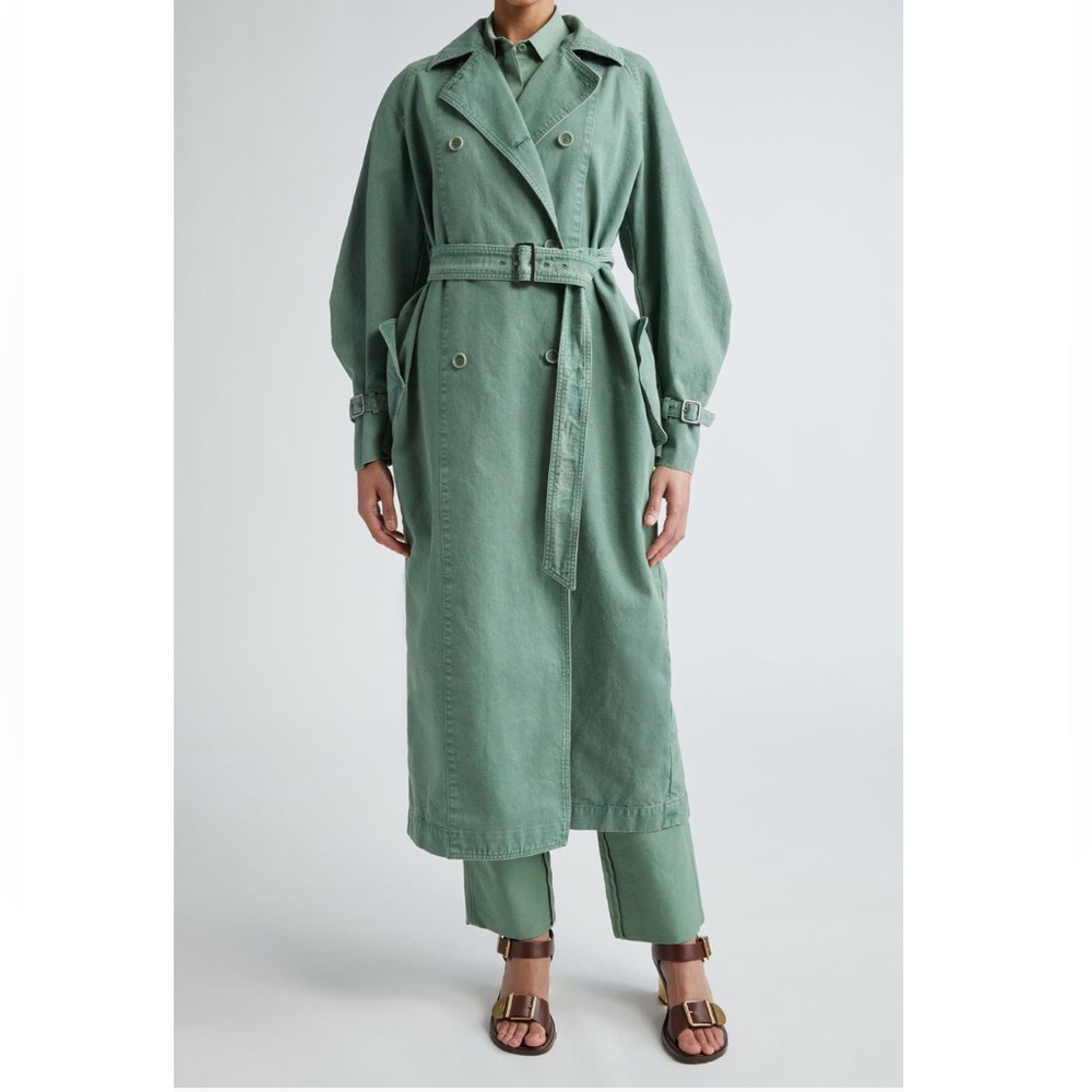 NEW MaxMara Corfu Cotton Canvas Sage Green Belted Trench Coat, size 10